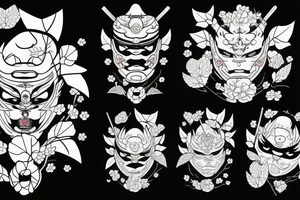 katana with sakura leaves and oni mask tattoo idea