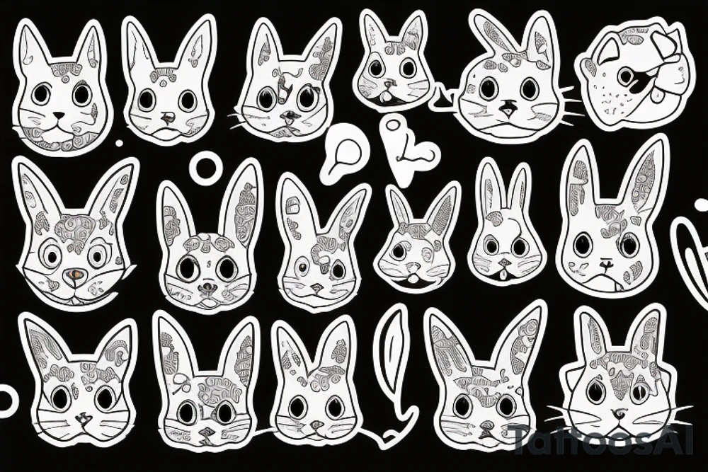 Set of cartoon cat, dog, rabbit, frog and other cute animals tattoo idea