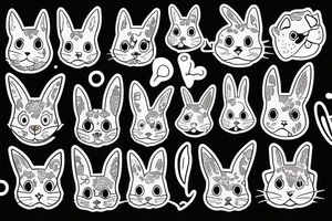 Set of cartoon cat, dog, rabbit, frog and other cute animals tattoo idea