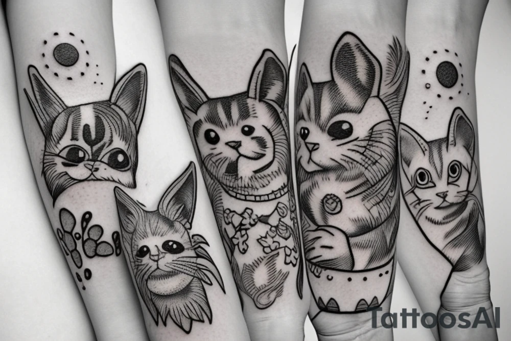 Set of cartoon cat, dog, rabbit, frog and other cute animals tattoo idea