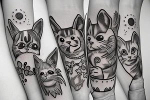 Set of cartoon cat, dog, rabbit, frog and other cute animals tattoo idea