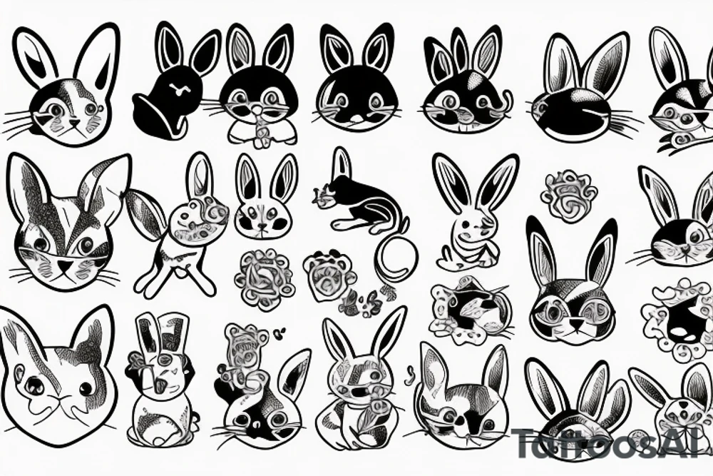 Set of cartoon cat, dog, rabbit, frog and other cute animals tattoo idea
