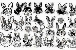 Set of cartoon cat, dog, rabbit, frog and other cute animals tattoo idea