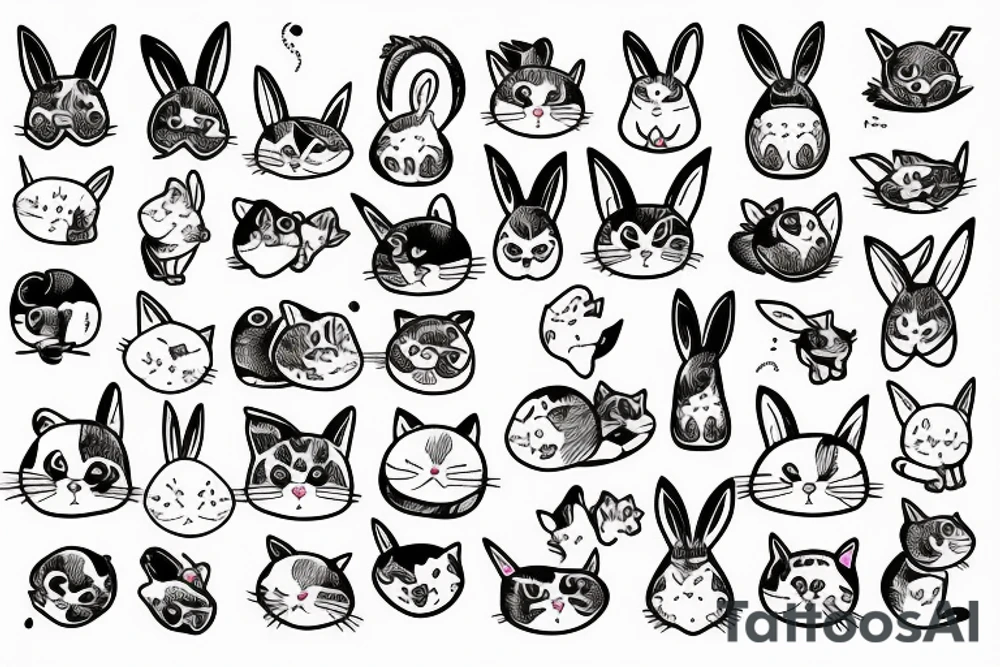Set of cartoon cat, dog, rabbit, frog and other cute animals tattoo idea