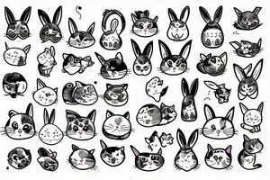 Set of cartoon cat, dog, rabbit, frog and other cute animals tattoo idea