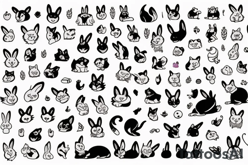 Set of cartoon cat, dog, rabbit, frog and other cute animals tattoo idea