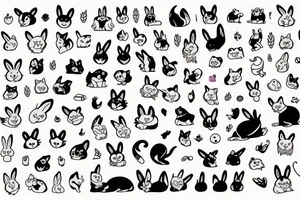 Set of cartoon cat, dog, rabbit, frog and other cute animals tattoo idea