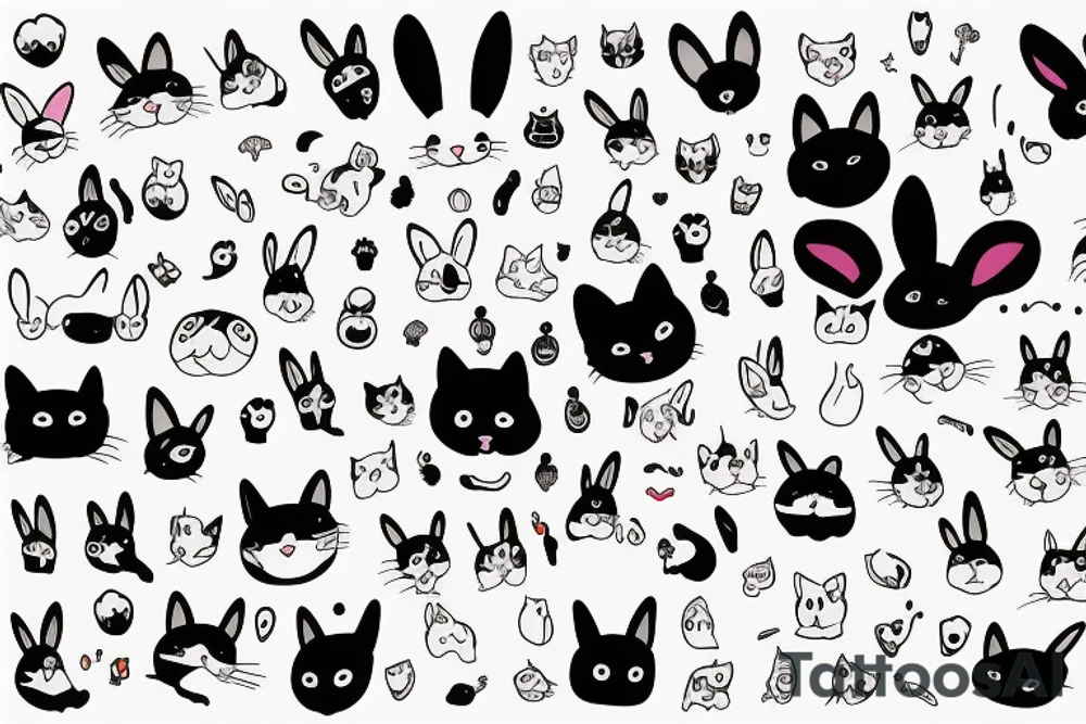 Set of cartoon cat, dog, rabbit, frog and other cute animals tattoo idea