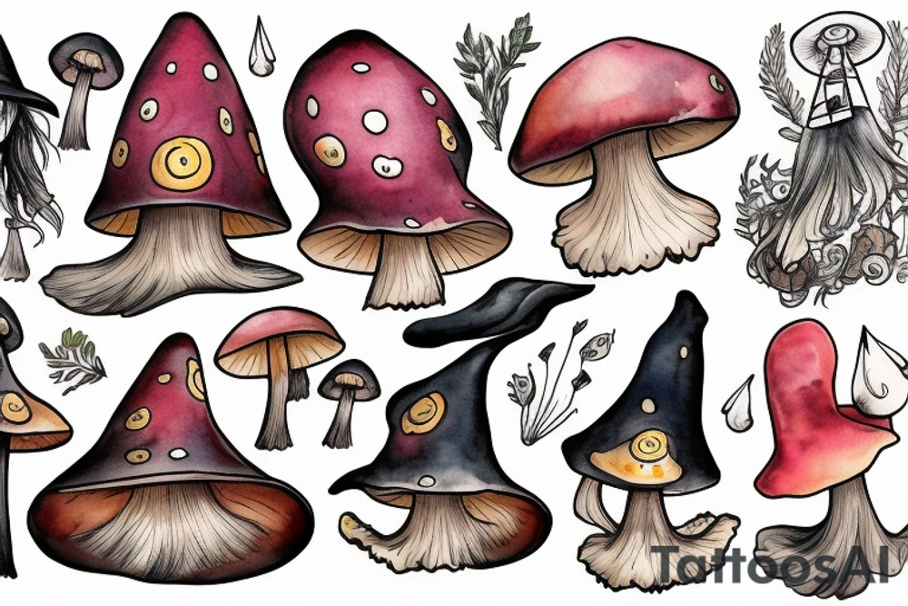 Witch with a mushroom hat tattoo idea