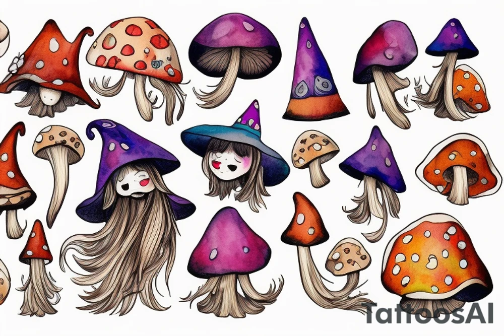 Witch with a mushroom hat very colourful tattoo idea