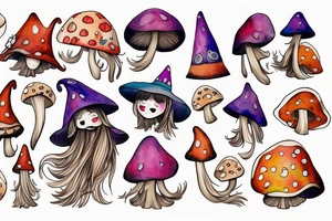 Witch with a mushroom hat very colourful tattoo idea