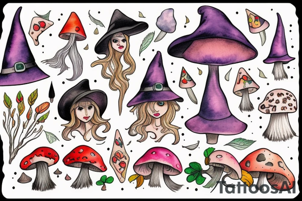 Witch with a mushroom hat very colourful tattoo idea