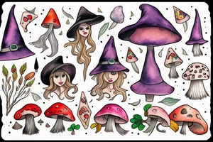 Witch with a mushroom hat very colourful tattoo idea