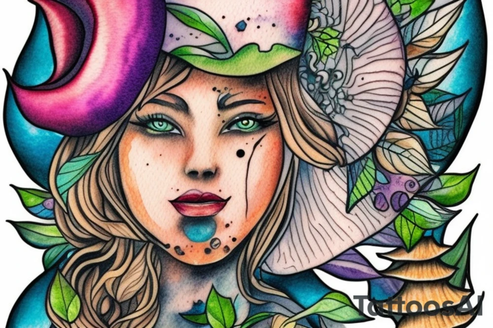 Witch with a mushroom hat very colourful tattoo idea