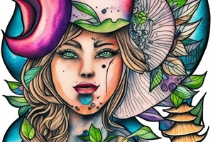 Witch with a mushroom hat very colourful tattoo idea