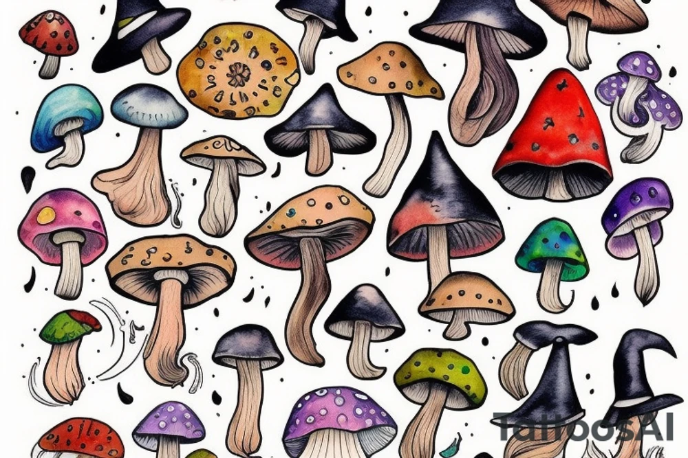 Witch with a mushroom hat very colourful tattoo idea