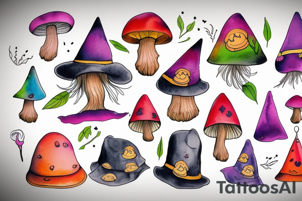Witch with a mushroom hat very colourful tattoo idea