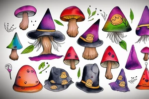 Witch with a mushroom hat very colourful tattoo idea