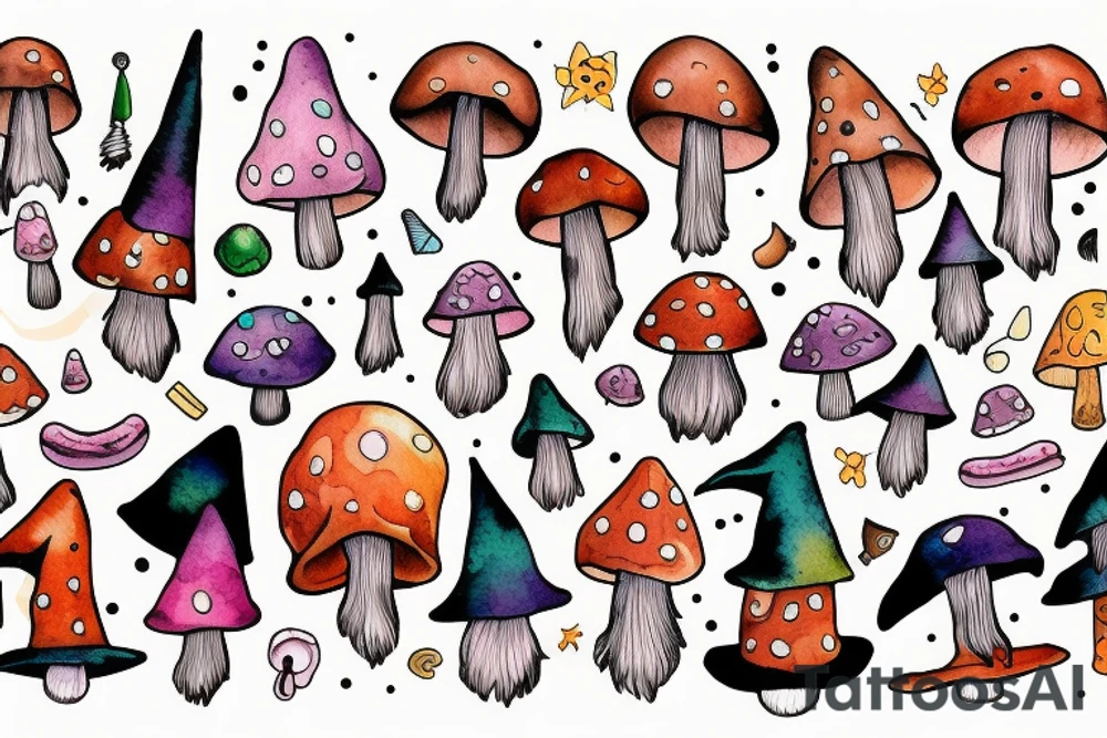 Witch with a mushroom hat very colourful tattoo idea