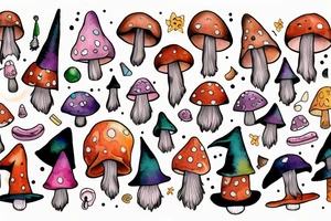 Witch with a mushroom hat very colourful tattoo idea