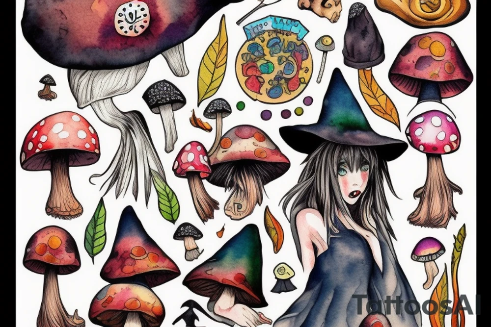 Witch with a mushroom hat very colourful tattoo idea