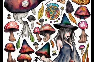 Witch with a mushroom hat very colourful tattoo idea