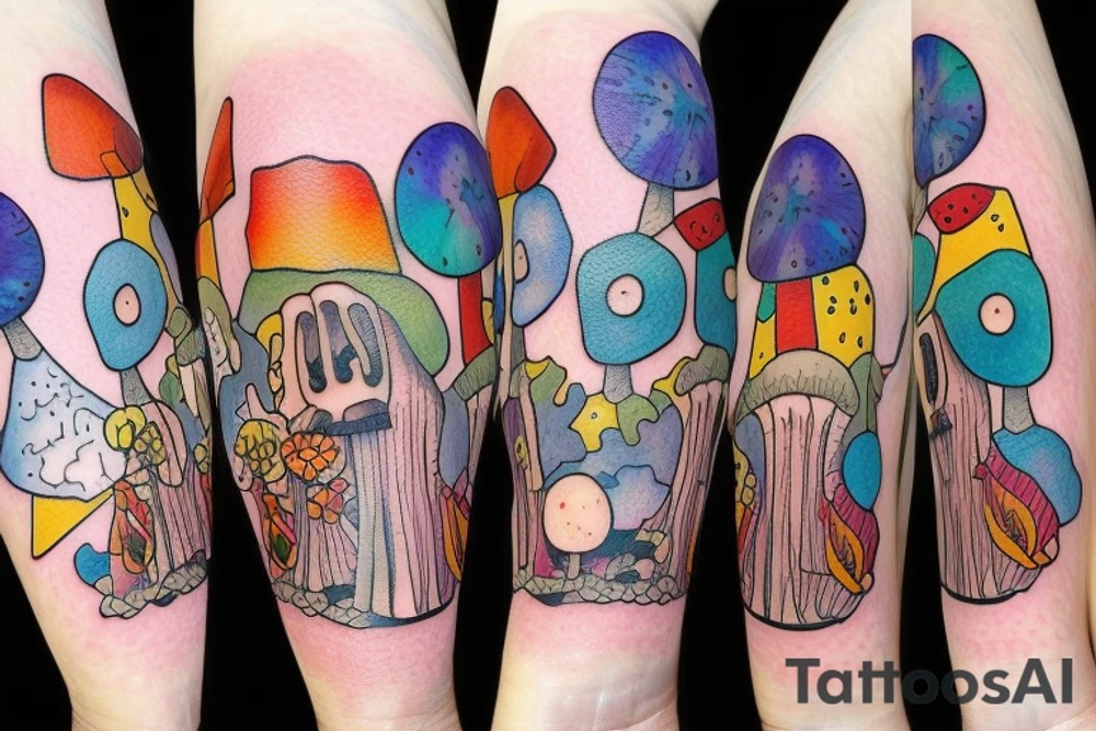 Witch with a mushroom hat very colourful tattoo idea