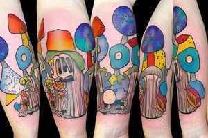 Witch with a mushroom hat very colourful tattoo idea