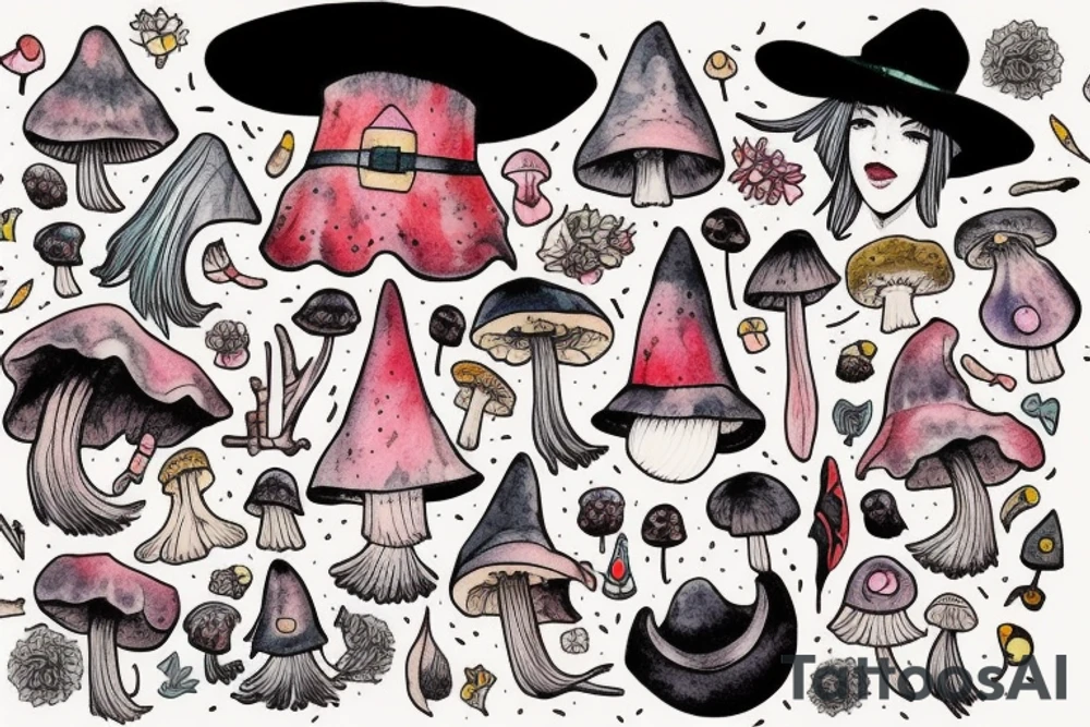 Witch with a mushroom hat very colourful tattoo idea