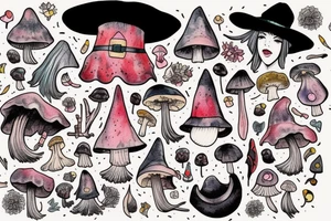 Witch with a mushroom hat very colourful tattoo idea