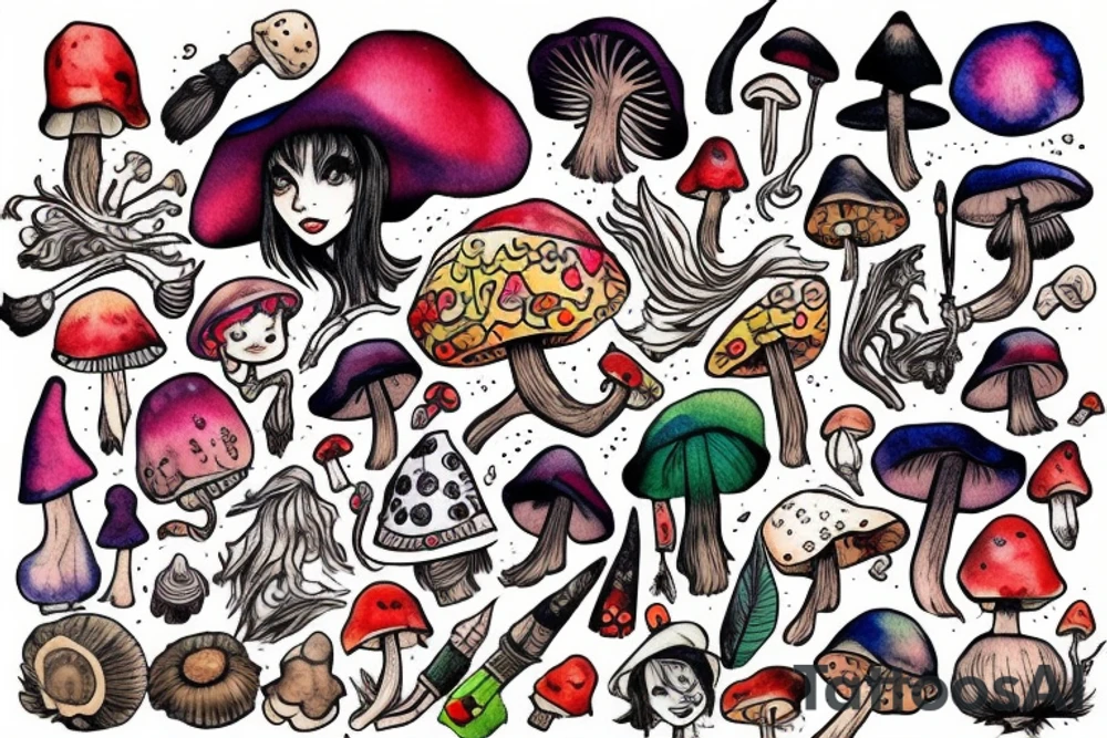 Witch with a mushroom hat very colourful tattoo idea