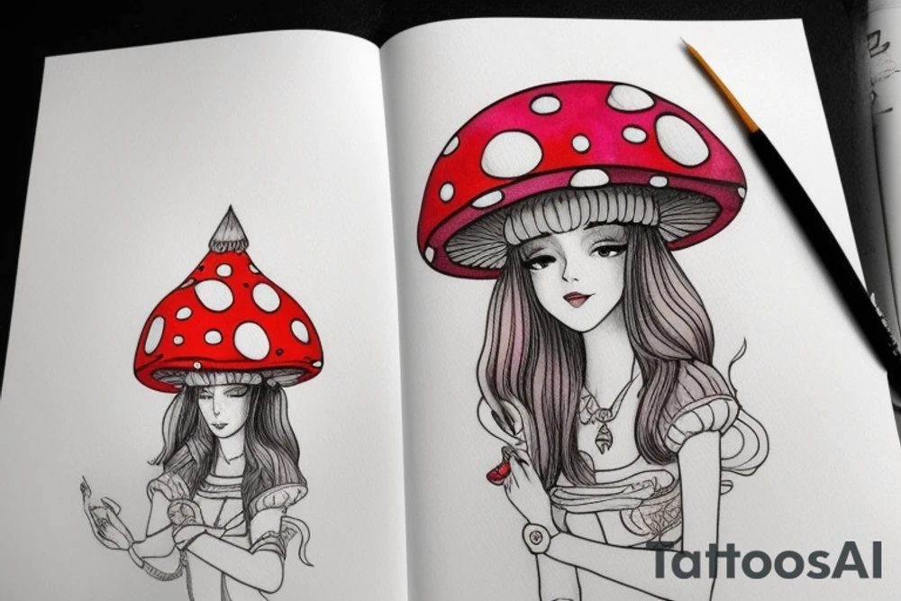 Princess with a mushroom hat sitting , picture should be very colourful tattoo idea