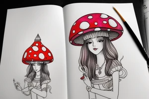 Princess with a mushroom hat sitting , picture should be very colourful tattoo idea