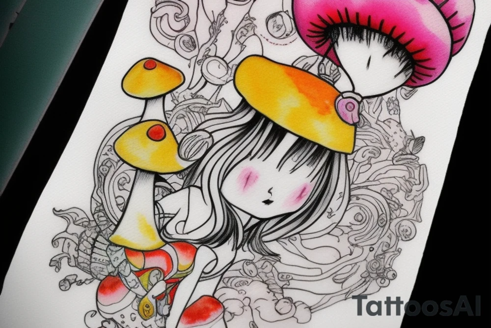 Princess with a mushroom hat sitting , picture should be very colourful tattoo idea
