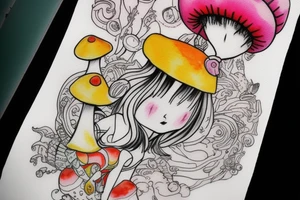 Princess with a mushroom hat sitting , picture should be very colourful tattoo idea