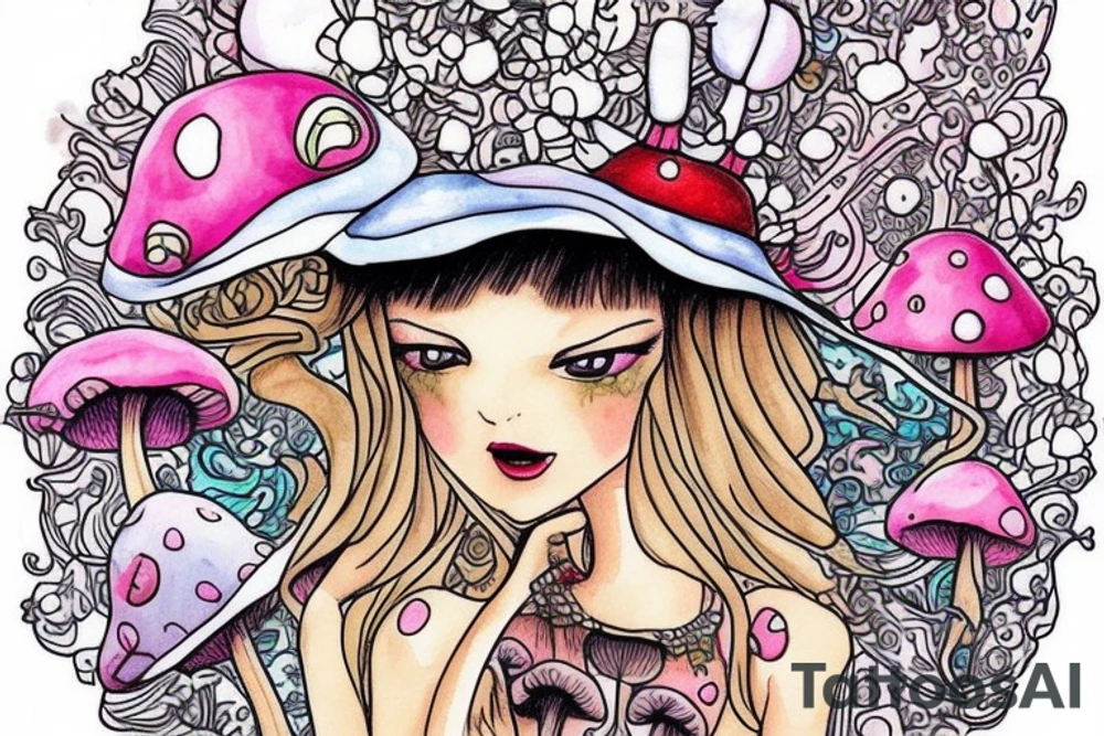 Princess with a mushroom hat sitting , picture should be very colourful tattoo idea