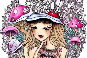 Princess with a mushroom hat sitting , picture should be very colourful tattoo idea