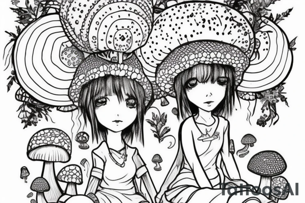 Princess with a mushroom hat sitting , picture should be very colourful tattoo idea