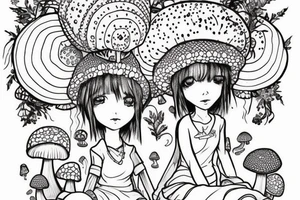 Princess with a mushroom hat sitting , picture should be very colourful tattoo idea