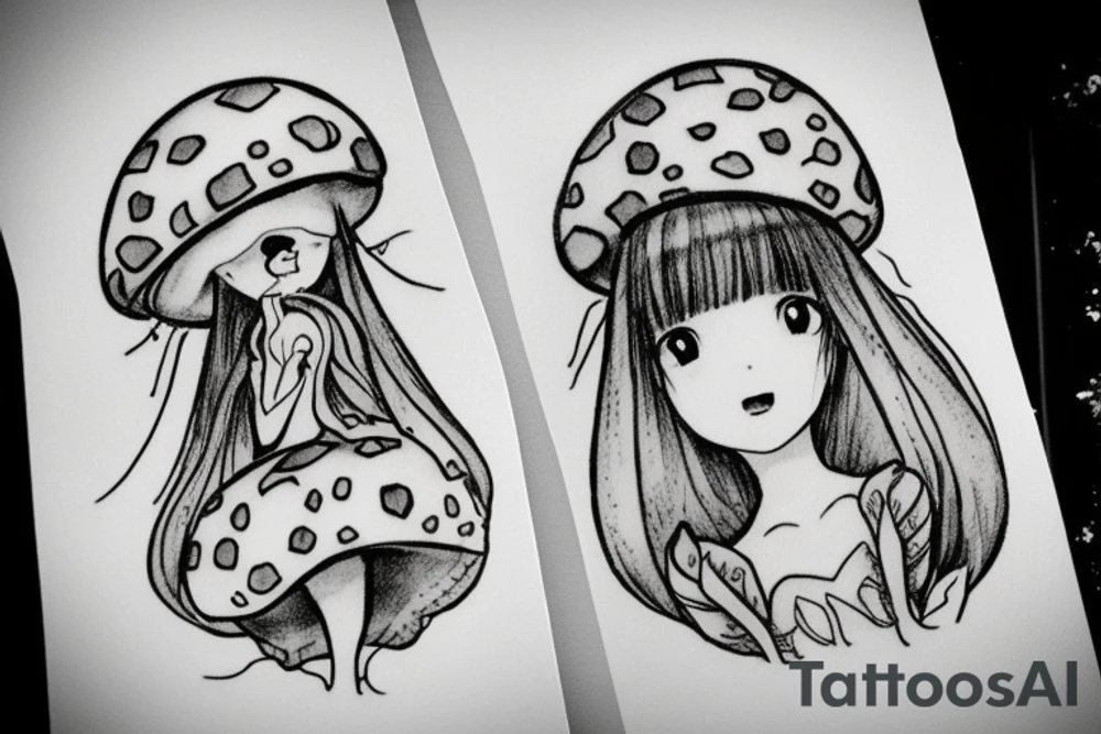 Cute Princess with a mushroom hat sitting , picture should be very colourful tattoo idea