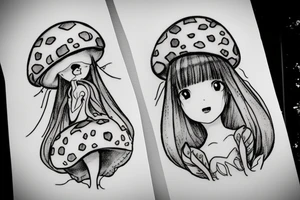 Cute Princess with a mushroom hat sitting , picture should be very colourful tattoo idea
