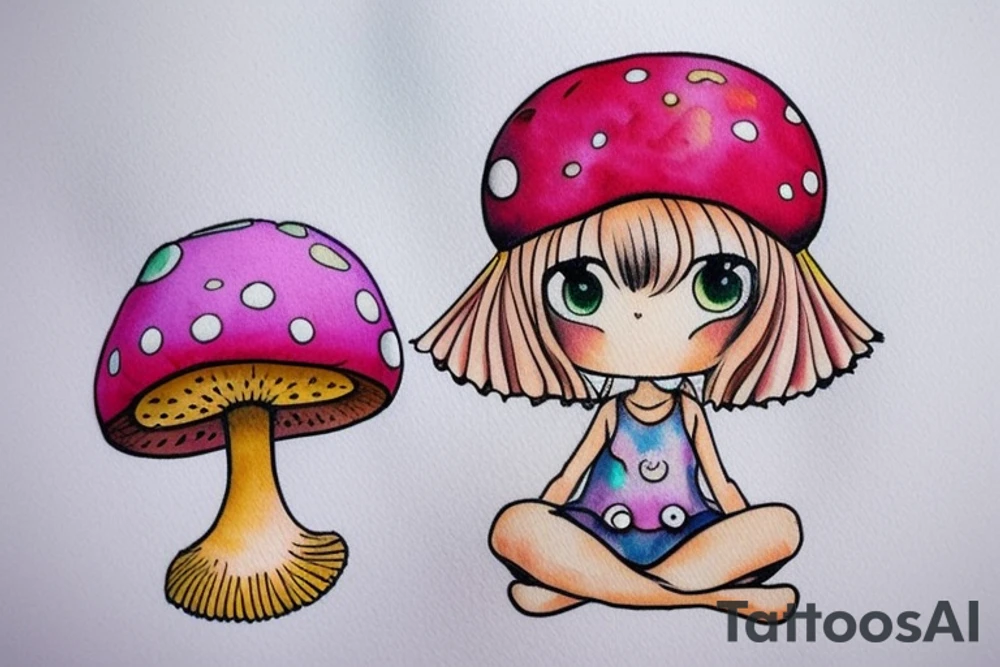 Cute Princess with a mushroom hat sitting , picture should be very colourful tattoo idea