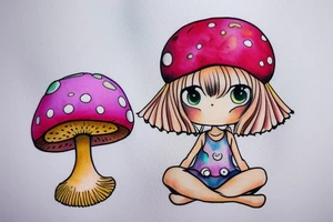 Cute Princess with a mushroom hat sitting , picture should be very colourful tattoo idea
