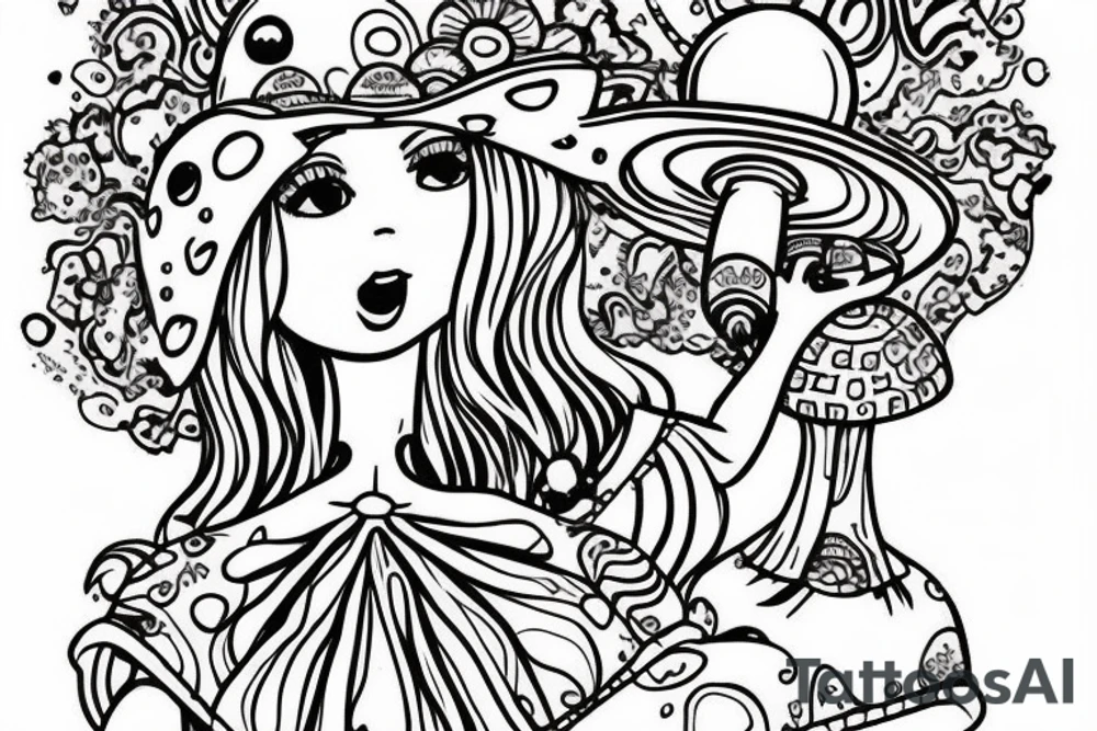 Cute Princess with a mushroom hat sitting , picture should be very colourful tattoo idea