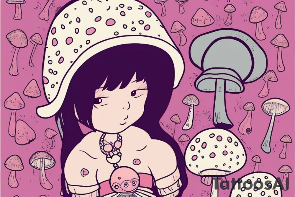 Cute Princess with a mushroom hat sitting , picture should be very colourful tattoo idea