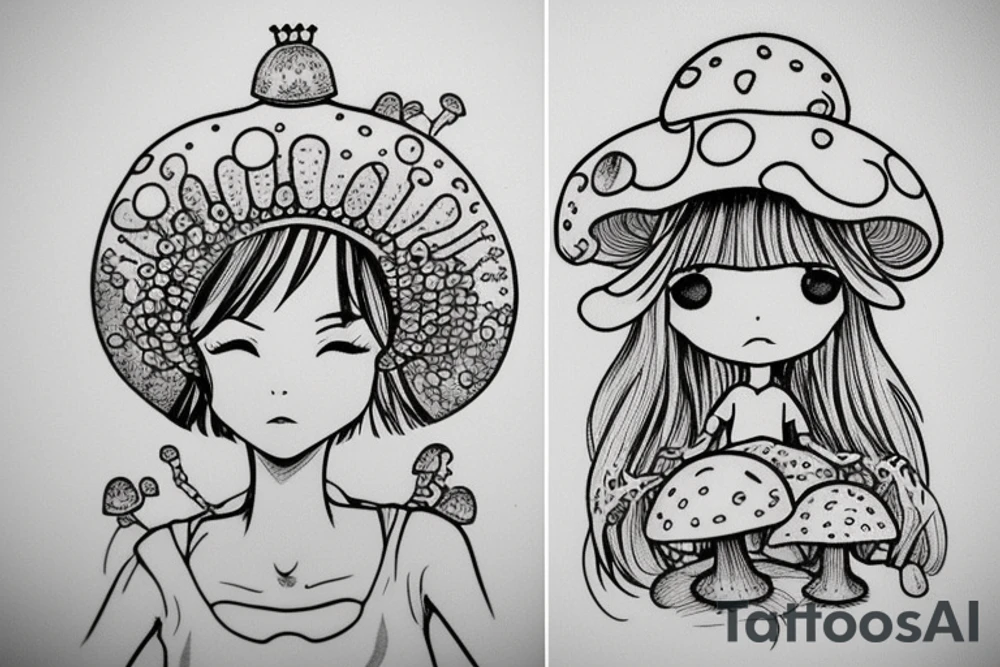 Cute Princess with a mushroom hat sitting , picture should be very colourful tattoo idea