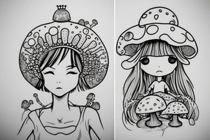 Cute Princess with a mushroom hat sitting , picture should be very colourful tattoo idea