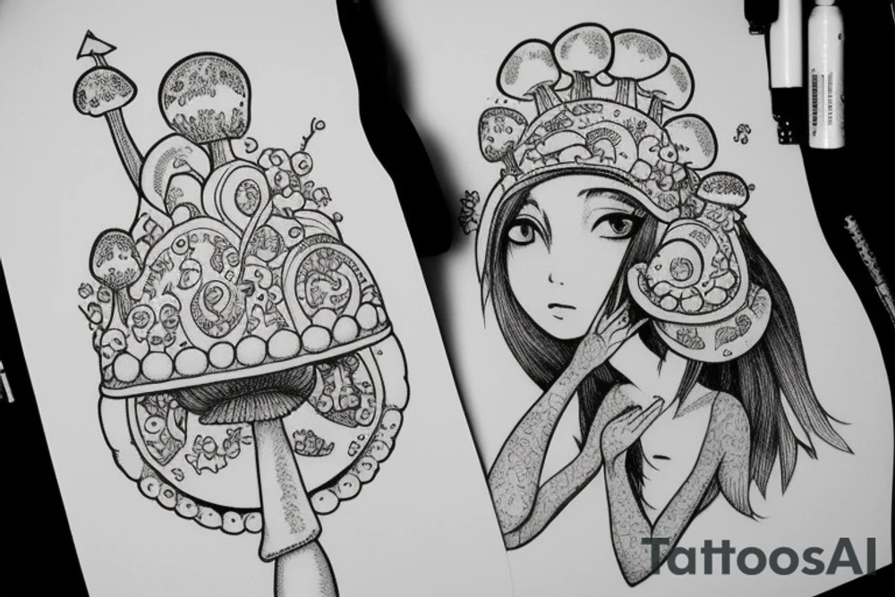 Cute Princess with a mushroom hat sitting , picture should be very colourful tattoo idea