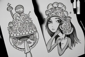 Cute Princess with a mushroom hat sitting , picture should be very colourful tattoo idea