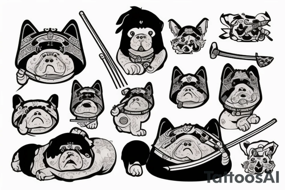 Samurai chubby dog with katana in his paws tattoo idea